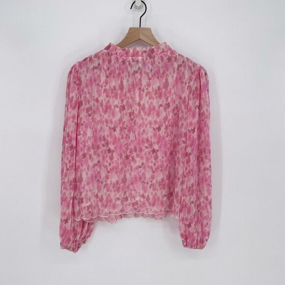Ganni Floral Print Plisse Balloon Sleeve Georgette Blouse Floral Pink 36 US 0 - Picture 6 of 9